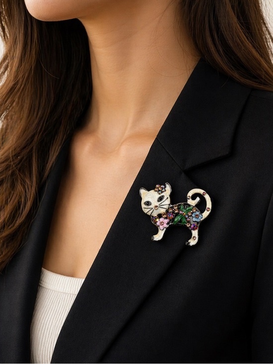 Cre8tive Concepts Boutique Jewelry - Vintage Style Floral Cat Brooch Rhinestone Enamel Pin Multicolor